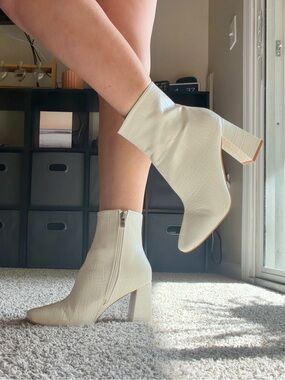 Women’s Cream Croc-Embossed Ankle Boots - Stylish High Heel